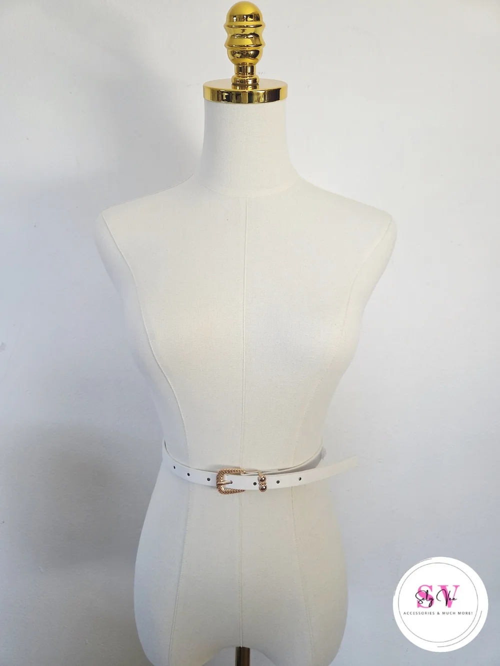 White Thin Belt With Gold Buckle